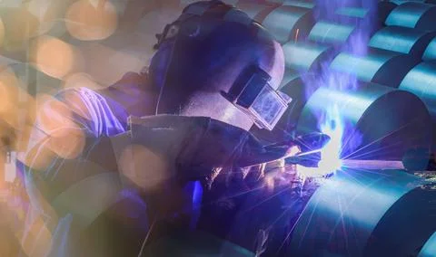 Welding steel structures and bright sparks in construction industry Stock Photos