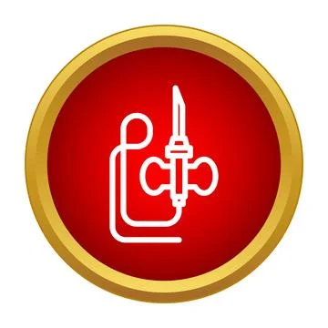 Welding torch tool outline icon in red button Stock Illustration