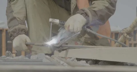Welding, welding, white gloves, iron, weld iron, spark, construction work Stock Footage 308912456