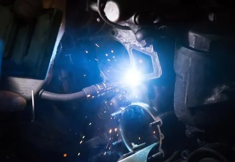 Welding work on a car engine Stock Photos