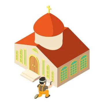 Welding work icon isometric vector. Welder perform repair work near church icon Ilustración de archivo