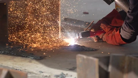 Welding work. A worker is engaged in welding at a factory Stock Footage 285960839