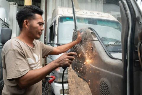 Welding worker at work Stock Photos