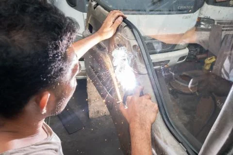 Welding worker at work Stock Photos
