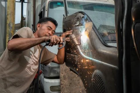 Welding worker at workshop Stock Photos