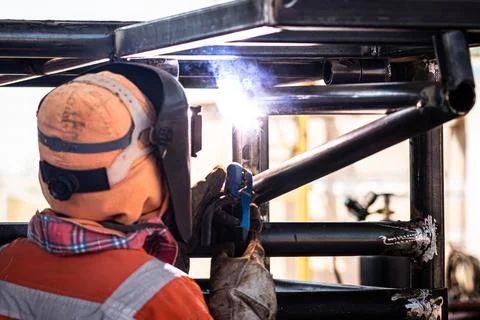 Welding working on metal structure. Stock Photos