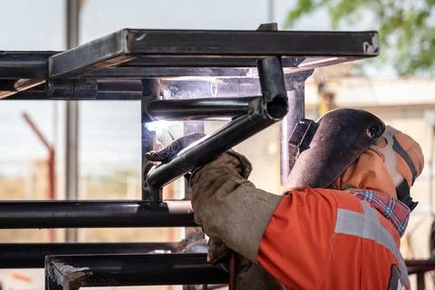 Welding working on metal structure. Stock Photos