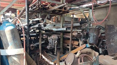 The welding workshop stores pieces of iron. Stock Photos