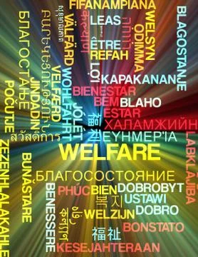 Welfare multilanguage wordcloud background concept glowing Stock Illustration