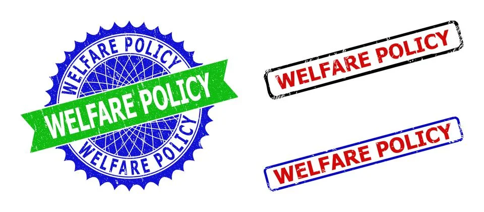 WELFARE POLICY Rosette and Rectangle Bicolor Stamps with Grunge Surfaces Stock Illustration