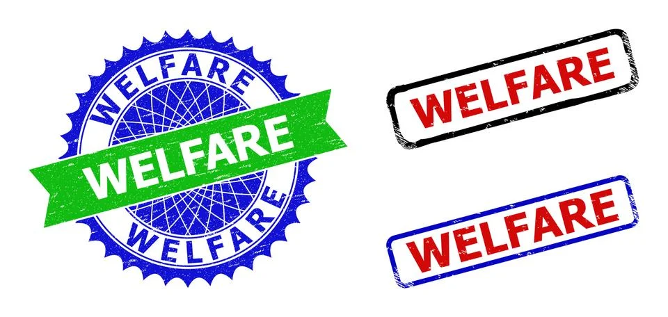 WELFARE Rosette and Rectangle Bicolor Stamp Seals with Corroded Styles Stock Illustration