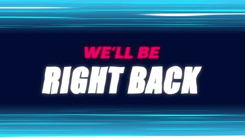 We'll be right back screen in white and pink with blue speed lines, gaming pause 스톡 동영상 345807965