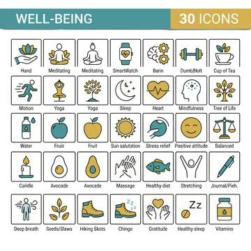 Well-being icon set with 30 line art symbols for meditation, yoga, healthy .. Stock Illustration