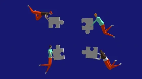 Well-coordinated Teamwork Concept. Characters Connecting Puzzle Pieces. 4K Stock Footage 123901880