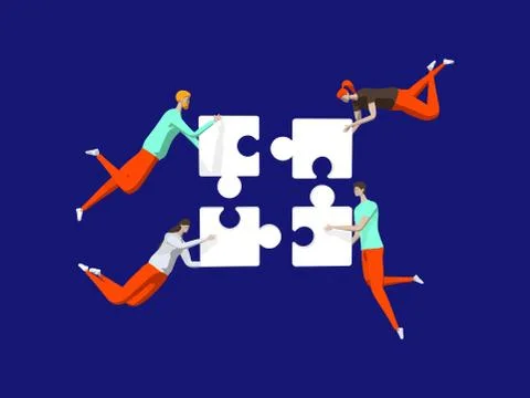 Well-coordinated Teamwork Concept. Characters Connecting Puzzle Pieces. Vector Ilustração Stock