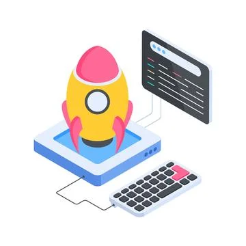 Well designed isometric illustration of rocket representing a website launch Illustration