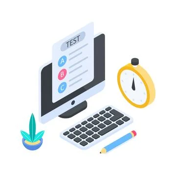 Well designed isometric illustration of test preparation with digital computer 스톡 일러스트