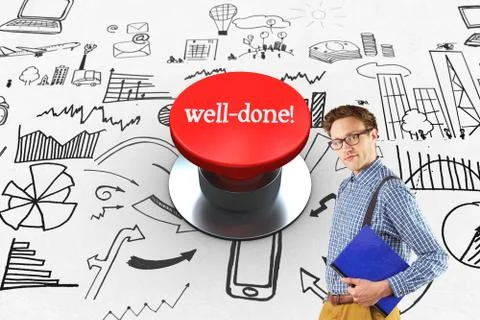 Well-done! against digitally generated red push button Stock Photos