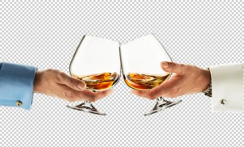 Well dressed hands clinking glasses together with transparent background. Stock Photos