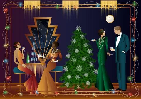 Well dressed people near a decorated Christmas tree with friends on New Yea.. Stock Illustration