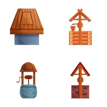 Well icons set cartoon vector. Wooden and stone well with roof and bucket Illustration