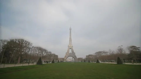 Well-known landmark Eiffel tower and green park in Paris, France, static Stock Footage 236001922