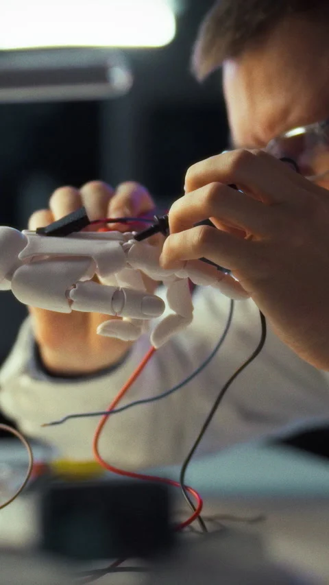 In well-lit engineering lab at night engineer assembles robotic hand prototy Video stock 342717768