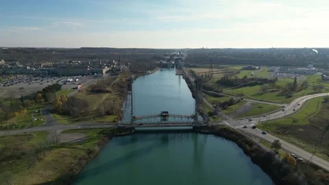 Welland Canal Lock 5 Backing Up St. Catharines Aerial Autumn Ontario Canada Stock Footage 292837073