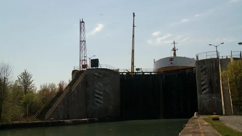 Welland Canal Ship Exit Time Lapse Stock Footage