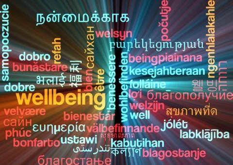 Wellbeing multilanguage wordcloud background concept glowing Illustrazione stock