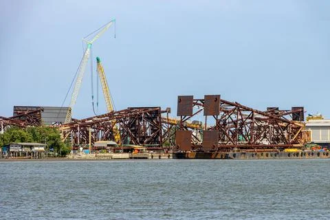The wellhead platform lying on the barge, ready for transport, Thailand Stock Photos