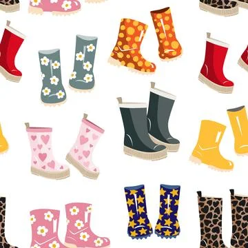 Wellies drawing seamless pattern. Happy rainboots fall background. Vector h.. Stock Illustration