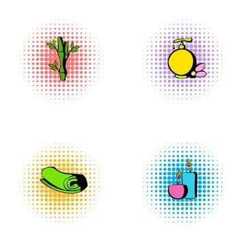 Wellness and spa objects in comic style icons Stock Illustration
