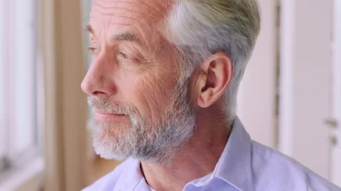 Wellness, face and mature man in house with pride, positive attitude or chill on Stock Footage 332532652