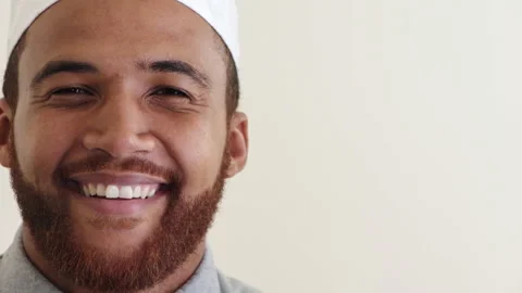 Wellness, face or Muslim man with laugh, positive attitude or optimism on Stock Footage 336703329