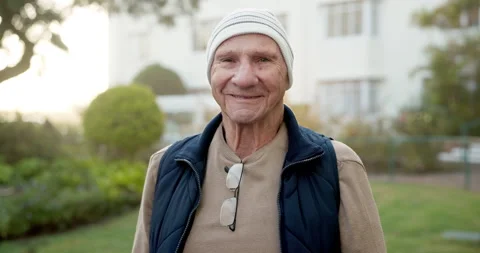 Wellness, face or old man in backyard with smile, fresh air or positive attitude Stock Footage 340603647