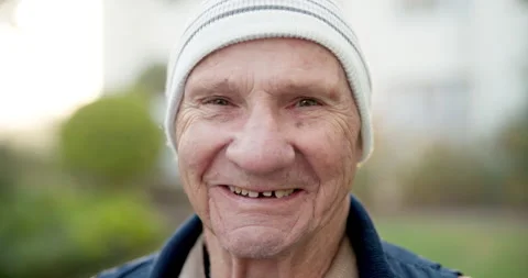 Wellness, face or old man in backyard with laugh, fresh air or positive attitude Stock Footage 340636512
