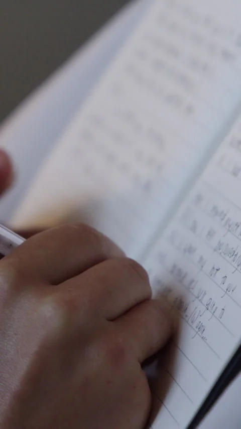 Wellness, hands and writing in journal with self care, emotions and feelings for Stock Footage 336704047