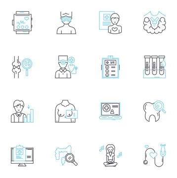Wellness linear icons set. Mindfulness, Relaxation, Nutrition, Exercise Stock Illustration