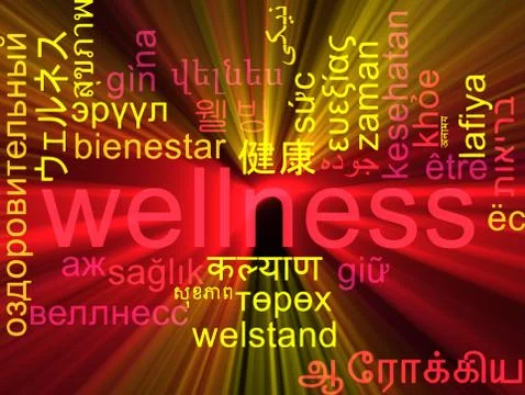Wellness multilanguage wordcloud background concept glowing Stock Illustration
