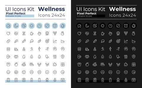 Wellness pixel perfect linear ui icons set for dark, light mode 스톡 일러스트