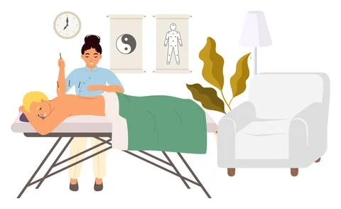A wellness practitioner performs acupuncture on a patient lying on a treatment Stock Illustration