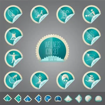 Wellness theme icon vector set, tollkit placed in stamp shape Stock Illustration