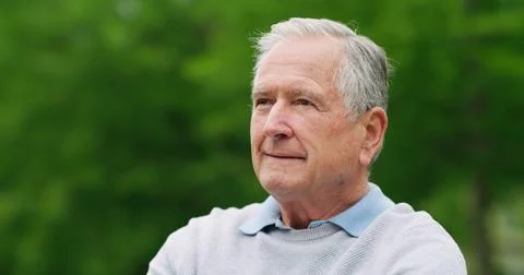 Wellness, thinking and elderly man in park with space, nostalgia or insight.. Stock Photos