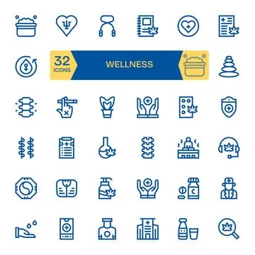 Wellness Vector Icon Collection with 32 128x128 Bold Line Designs Stock Illustration
