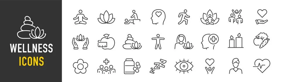Wellness web icon set in line style. Relaxation, spa, sleep, yoga, health, .. Stock Illustration