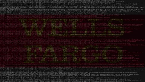 Wells Fargo logo made of source code on computer screen. Editorial loopable Stock-Footage 92200586