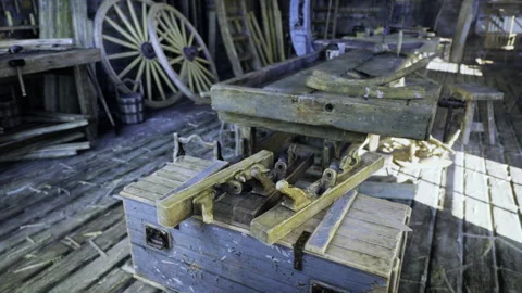 Wellworn joinery workspace featuring vintage tools and precise arrangements Stock Footage 343623470