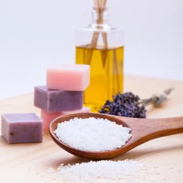 Welnness spa objects soap and bath salt closeup Stock Photos