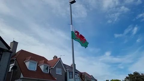 Welsh dragon flag flying outside Welsh property in protest of illegal migration Stock Footage 316538591